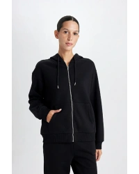 Relax Fit Kapüşonlu Cepli Basic Düz Fermuarlı Sweatshirt