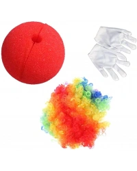 Rengarenk Palyaço Peruk Beyaz Eldiven Kırmızı Sünger Burun Palyaço Seti 3 Parça