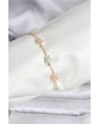 Renkli Yıldız Model Zirkon Taşlı Gold Renk Pirinç Su Yolu Kadın Bileklik