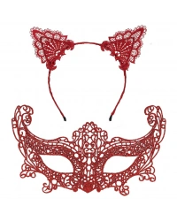 Romantik Kırmızı Dantel Maske Seti – Kedi Kulaklı Taç ve Maske 3 No