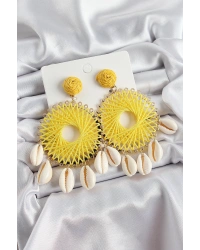 Sarı Hasır Örgü Sarmal Model Sallantılı Deniz Kabuğu Detaylı Gold Renk Kadın Küpe