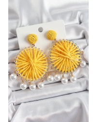 Sarı Hasır Örgü Sarmal Model Sallantılı İnci Detaylı Gold Renk Kadın Küpe