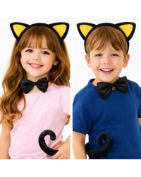 Sarı Kulaklı Kedi Kostüm Seti – Taç Papyon Kuyruk 3 Parça