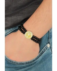 Sarı Metal Barış Simgesi Tasarımlı Siyah Renk Mat Oniks Doğal Taş Erkek Bileklik