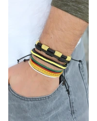 Sarı Renk Zımbalı Deri Erkek Bileklik Kombini