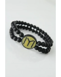 Sarı Renkli Metal Üzerine Siyah Kayı Boyu Figürlü Siyah Renk Çift Sıra Doğal Taş Erkek Bileklik