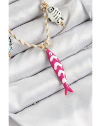 Seramik Motifli Pembe Balık Figürlü Model Krem İp Kadın Kolye