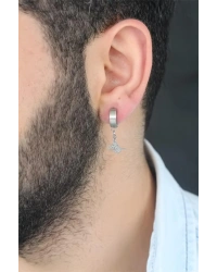 Silver Renk Kaplama Osmanlı Tuğra Figürlü Kıstırmalı Çelik Erkek Küpe