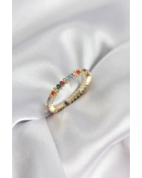 Sıralı Karışık Renkli Gold Renk Zirkon Taşlı Kadın Yüzük