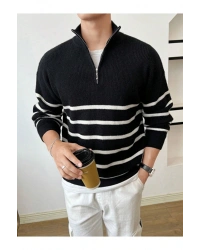 Siyah-Beyaz Erkek Regular Fermuarlı Balıkçı Triko Kazak