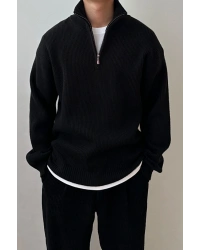 Siyah Erkek Oversize Fermuarlı Balıkçı Triko Kazak