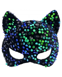 Siyah Kadife Kumaş Üzerine Mavi Yeşilli Payetli Pullu Parti Maskesi 16x14 cm