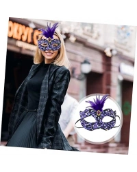 Siyah Kadife Üzeri Rengarenk Payetli Pullu Mor Tüylü Mor Taşlı Parti Maskesi 19x21 cm