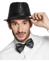 Siyah Payetli Şapka ve Papyon Seti – Parıltılı Yetişkin Kostüm Seti