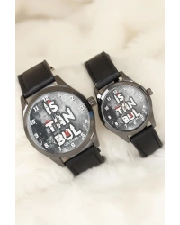 Siyah Renk Deri Kordonlu İstanbul Tasarımlı Sevgili Saatleri