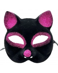 Siyah Renk Fuşya Simli Süet Kaplama Kedi Maskesi 18x14 cm
