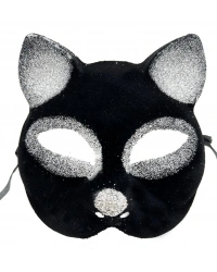 Siyah Renk Gümüş Simli Süet Kaplama Kedi Maskesi 18x14 cm