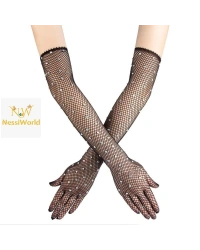 Siyah Renk İncili Elmas İşlemeli File Örgü Uzun Eldiven 45 cm