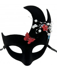 Siyah Renk İncili Taşlı Süet Kaplama Venedik Parti Maskesi 20x22 cm