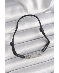 Siyah Renk İpli Asansör Zirkon Taşlı Gümüş Messika Model Kadın Bileklik