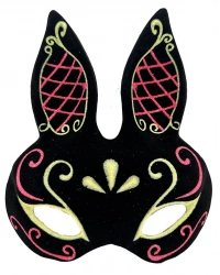 Siyah Renk Kırmızı Gold Simli Siyah Süet Kaplama Tavşan Maskesi 18x16 cm