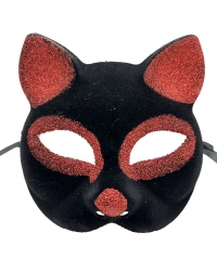 Siyah Renk Kırmızı Simli Süet Kaplama Kedi Maskesi 18x14 cm