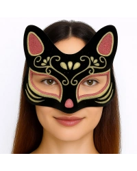 Siyah Renk Süet Kaplama Üzeri Kırmızı Sarı Simli Kedi Maskesi 17x14 cm