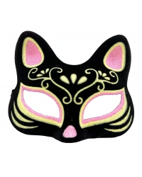 Siyah Renk Süet Kaplama Üzeri Pembe Sarı Simli Kedi Maskesi 17x14 cm