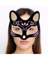 Siyah Renk Süet Kaplama Üzeri Sarı Pembe Simli Kedi Maskesi 17x14 cm