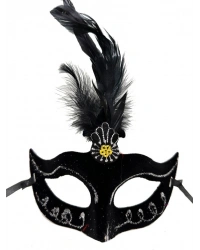 Siyah Renk Tüylü Siyah Süet Kaplama Parti Balo Maskesi 20X16 cm