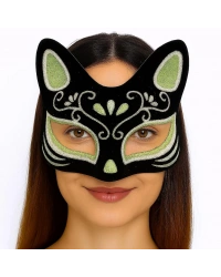 Siyah Renk Üzeri Gümüş Yeşil Simli Süet Kaplama Kedi Maskesi 17x14 cm