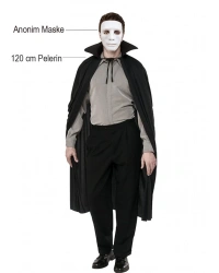 Siyah Renk Yakalı 120 cm Pelerin ve Beyaz Anonim Maske