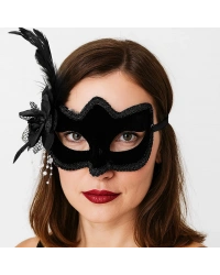 Siyah Renk Yandan Tüylü Beyaz İncili Süet Kaplama A Kalite LüNessiWorld Parti Maskesi 20x23 cm