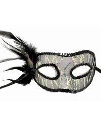 Siyah Renk Yandan Tüylü Pul Payet İşlemeli Parti Maskesi 23x12 cm