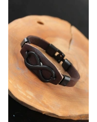 Siyah Sonsuzluklu Metal Aksesuarlı Kahverengi Deri Erkek Bileklik