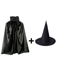 Siyah Yakalı Pelerin ve Siyah Cadı Şapkası Seti Çocuk Boy