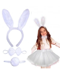 Tavşan Tacı Eteği Papyonu ve Kuyruk Kostüm Seti Beyaz Renk Çocuk Boy