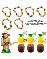 Tropikal Hawaii Parti Malzemeleri – Kolye, Pipet, Bardak Seti