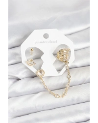 Uzay Model Pirinç Gold Renk Zincir Bağlantılı Ear Cuff Küpe Seti