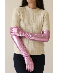 Uzun Boy Ekstra Parlak Saten Eldiven Pembe Renk NessiWorld