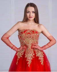 Uzun Boy Kırmızı Puantiyeli Kırmızı Renk Yetişkin Tül Eldiven 55 cm