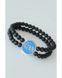 Vav Figürlü Lacivert Metal Aksesuarlı Çift Sıra Oniks Doğal Taş Erkek Bileklik