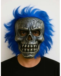 Wild Skull - Gümüş Kafatası Mavi Saçlı İskelet Maske