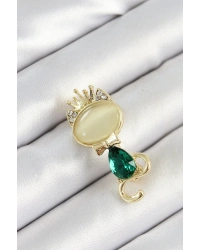 Yeşil Damla Zirkon Taşlı Kraliçe Taçlı Kedi Figürlü Gold Renk Kadın Broş
