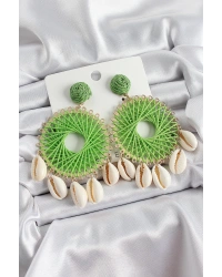 Yeşil Hasır Örgü Sarmal Model Sallantılı Deniz Kabuğu Detaylı Gold Renk Kadın Küpe