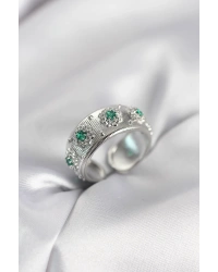 Yeşil Zirkon Taşlı Gümüş Renk Vintage Kadın Yüzük