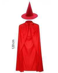 Yetişkin Boy 120 cm Kırmızı Yakalı Pelerin ve Kırmızı Cadı Şapkası