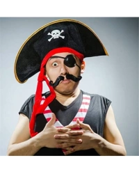 Yetişkin Boy Kadife Kaptan Jack Sparrow Korsan Şapkası ve Plastik Korsan Göz Maskesi