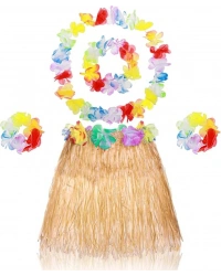 Yetişkin Çocuk Hawaii Parti Seti - 40 cm Naturel Etek + Çiçek Aksesuarlar (5 Parça) NessiWorld
