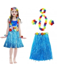 Yetişkin ve Çocuk Uyumlu Hawaii Luau Aloha Mavi Püsküllü Etek Kolye Taç ve 2 Adet Bileklik Seti